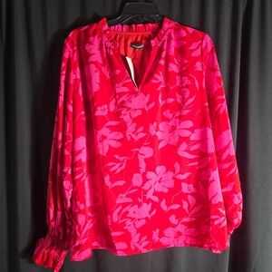 Mascomoda Pink Red Floral Split Neck Blouse Smocked Cuff Long Sleeve XL 7616 NEW